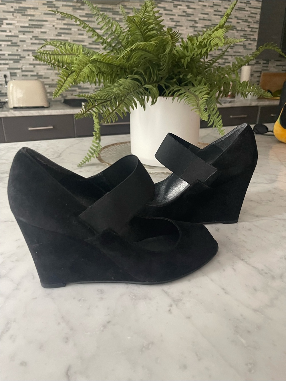 Black Suede Wedge Mary Jane Pumps - Women Size 10,5